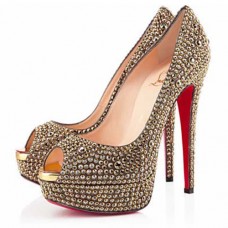 Christian Louboutin Lady Peep Strass 140 mm-es peep toe pumpák arany színben Christian Louboutin Lady Peep Strass 140 mm-es peep toe pumpák arany színben